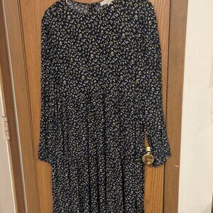 Loft Women's Navy Tiered Dress with Decorative Pattern-Size Small